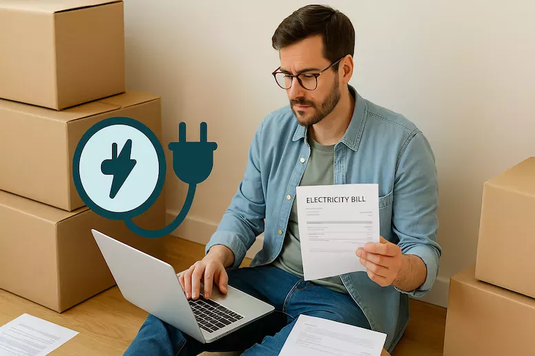 “Person sitter med laptop och elräkning bredvid flyttlådor – symboliserar flytt med fokus på elavtal, elnätskostnader och smart energianvändning i nya bostaden”